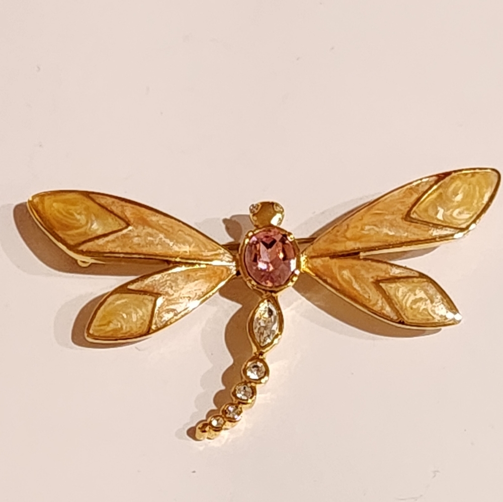 KJL Dragonfly Gold Rhinestone Brooch